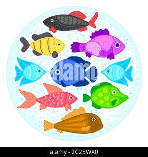 Vettore colorato cartoon pesce in forma circolare. Mondo sottomarino. Acquario. Vita marina carina. Pesci. Brochure, volantino, etichetta, copertina, poster, banner, pac Foto Stock
