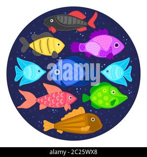 Vettore colorato cartoon pesce in forma circolare. Mondo sottomarino. Acquario. Vita marina carina. Pesci. Brochure, volantino, etichetta, copertina, poster, banner, pac Foto Stock