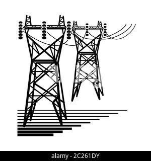 Elettricità. La trasmissione della potenza elettrica torri della linea ad alta tensione. Foto Stock