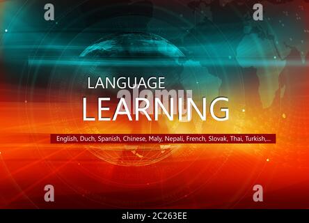 Imparare le lingue straniere, sfondo grafico con il globo terrestre e la lingua del testo di apprendimento sulla barra trasparente. 3d'illustrazione, 3D render Foto Stock