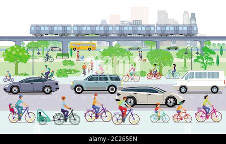 Paesaggio con i ciclisti e il traffico stradale Foto Stock