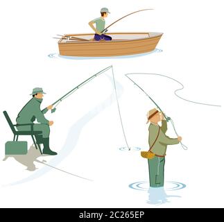 Tre pescatori sono la pesca in acqua Foto Stock