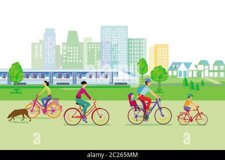 La silhouette della città con i ciclisti Foto Stock