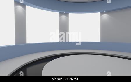 Il piedistallo per la visualizzazione e la pubblicità, vuoto prodotto stand con i lightboxes bianco sul concetto di parete. Il rendering 3D Foto Stock