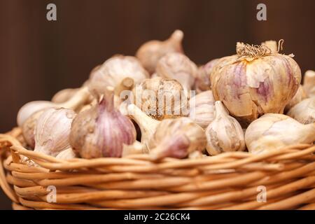 teste di aglio in un cesto di vimini su un legno Foto Stock