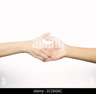 Closeup thumb wrestle tra due persone, un simbolo di competizione isolato su sfondo bianco con spazio di copia Foto Stock