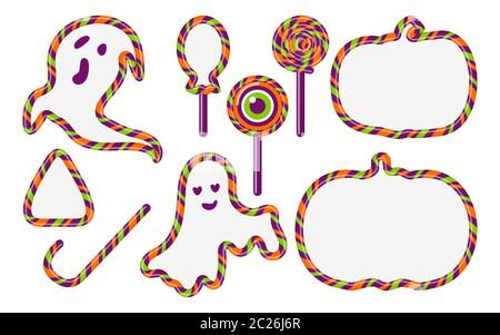 Set di caramelle di Halloween. Sfondo con ripetizione a spirale. Ghost di forma diversa, zucche, canna da zucchero e bastone ritorto. Motivo decorativo con casella di testo spazio. Illustrazione vettoriale Illustrazione Vettoriale