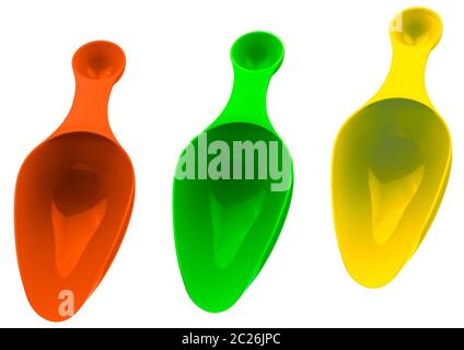 Set di plastica colorata misurino isolato su sfondo bianco con ombra. Arancione, verde e giallo cucchiaino dosatore in plastica. Foto Stock