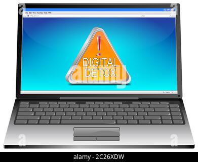 Computer portatile con pulsante Detox digitale arancione sul desktop blu - illustrazione 3D Foto Stock