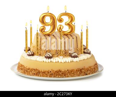 Torta di festa con golden candele - Numero 93 Foto Stock