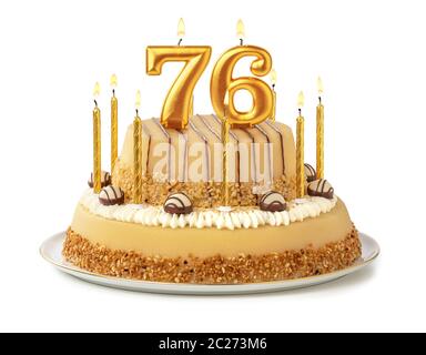 Torta di festa con golden candele - Numero 76 Foto Stock