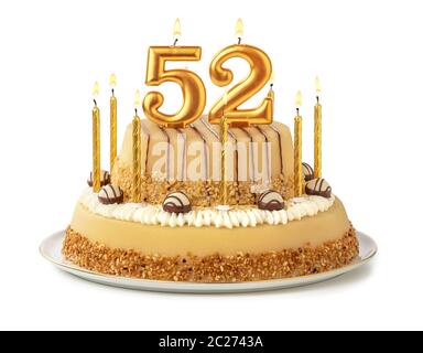 Torta di festa con golden candele - Numero 52 Foto Stock