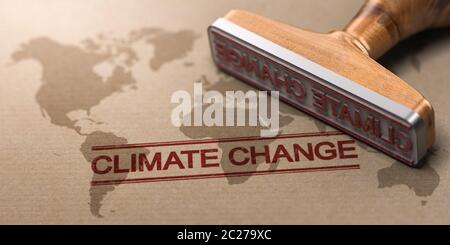 3D illustrazione di un timbro di gomma su sfondo della carta con una mappa del mondo filigrana stampata e il testo il cambiamento climatico. Concetto di riscaldamento globale. Foto Stock