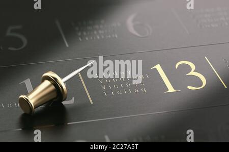 3D illustrazione di venerdì il tredicesimo scritto in lettere dorate su sfondo nero Foto Stock