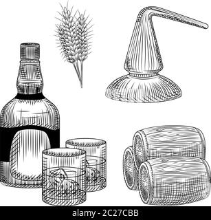 Set di processo di produzione di whiskey in stile disegnato a mano. Bottiglia di whisky, vetro, barile, grano, distillazione. Elemento per la progettazione di menu a barre. Schizzo dell'inchiostro. Illustrazione Vettoriale