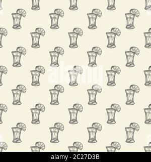 Colpo di tequila e taglio di lime senza cuciture motivo. Vetro pieno di carta da parati di alcool. Stile vintage inciso. Illustrazione vettoriale Illustrazione Vettoriale