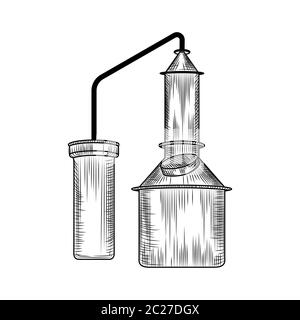 Alembic vintage inciso stile. Cubo di rame isolato su sfondo bianco. Distillazione manuale di illustrazione del vettore di alcool Illustrazione Vettoriale