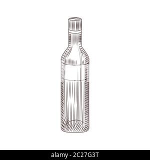 Bottiglia vodka vintage. Schizzo di bottiglia di vetro imbutito a mano di alcool isolato su sfondo bianco. Illustrazione vettoriale dello stile di incisione. Per menu, carte, Illustrazione Vettoriale
