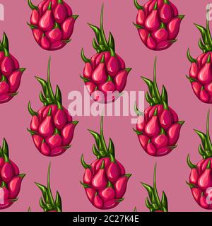 Motivo geometrico senza cuciture con frutta intera drago rossa. Carta da parati tropicale esotica pitayas. Disegno per carta da imballaggio, stampa tessile, tessuto. Vettore il Illustrazione Vettoriale