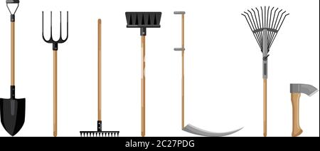 Impostato su un'agricoltura su sfondo bianco. Pala, forchetta, scopa, ascia, falce, rastrello disegno vettoriale in stile piatto Illustrazione Vettoriale