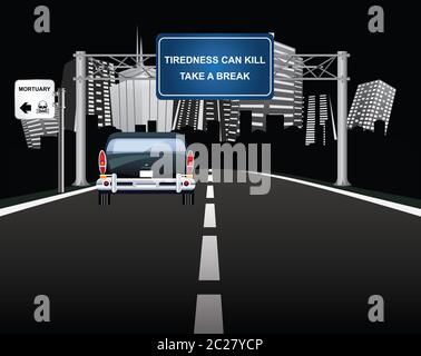 La stanchezza può uccidere il segnale di avvertimento per l'automobilista sul gantry della strada sopraelevata con il veicolo che entra in una città generica Foto Stock