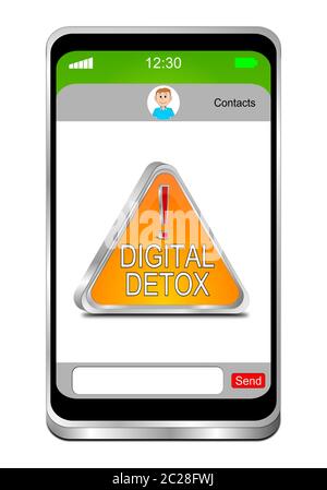 Smartphone con pulsante Detox digitale arancione - illustrazione 3D Foto Stock