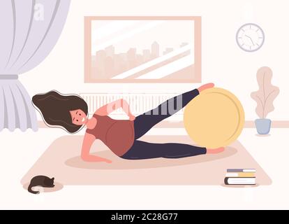 Yoga durante la gravidanza. Donna che fa esercizi di fitness con il flipper. Concetto di salute e sport. Bellezza carattere femminile a casa. Vettore Illustrazione Vettoriale