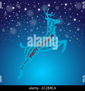 Allegra nube di parole di Natale su una renna su sfondo blu decorativo - illustrazione Foto Stock