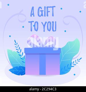 Confezione regalo viola decorativa con foglie e nastri blu. Banner Web vettoriale o scheda Illustrazione Vettoriale