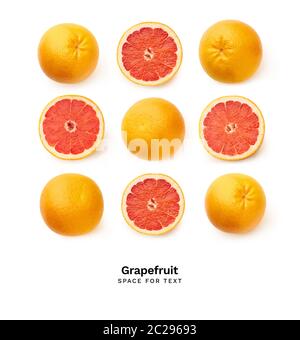 Disegno creativo con pompelmo fresco isolato. Vista dall'alto con spazio per la copia. Agrumi freschi Foto Stock
