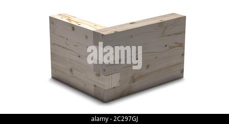 Dima per giunti scatolato in legno, concetto di collegamento a coda di rondine. Lavorazione legno di assemblaggio degli angoli con giunti a dita isolati su fondo bianco. Primo piano. illus 3d Foto Stock