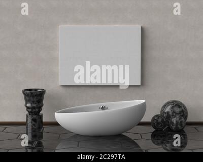 Stampa a baldacchino in tela con vasca da bagno moderna bianca, vaso in marmo nero e sfera orbiera in camera. Spazio vuoto per pubblicità, promozioni, banner sui social media. Massa nera. Foto Stock