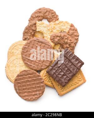 Diversi tipi di biscotti con aggiunta di dolcificanti isolati su sfondo bianco. Foto Stock