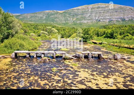 Fiume Cetina vicino fonte antico ponte in pietra vista, paesaggio di Zagora dalmata regione della Croazia Foto Stock