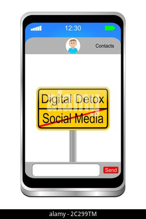 Smartphone con Digital Detox arancione - Social Media Sign su desktop bianco - illustrazione 3D Foto Stock