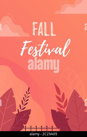 Poster, invito o volantino del Festival dell'autunno. Foglie di autunno brillanti su sfondo arancione con foglie piatte. Illustrazione Vettoriale