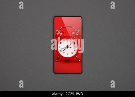 Chiudere uno nero smartphone con sveglia rossa sullo schermo su carta grigio Sfondo, piana, laici direttamente sopra Foto Stock