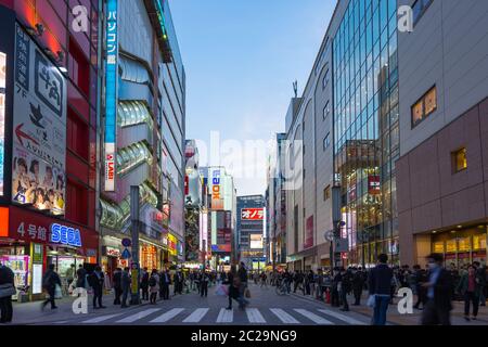 La folla dei turisti si trova nel quartiere dello shopping di Akihabara, Tokyo, Giappone Foto Stock