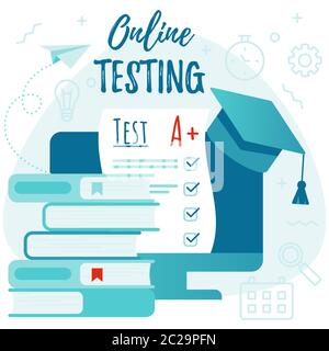 Test online, quiz, e-learning, illustrazione della formazione a distanza. Illustrazione Vettoriale