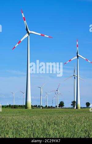 Generatori di energia di vento in un cornfield visto in Germania Foto Stock