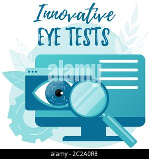 Test oculari e esami visivi innovativi. Optometria, concetto di diagnostica oftalmologica. Illustrazione Vettoriale