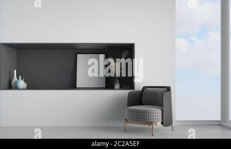 Interni dal design minimalista, con poltrone moderne in un soggiorno, pavimento grigio, con parete, mock-up, seduta reception in stile contemporaneo, con wi Foto Stock