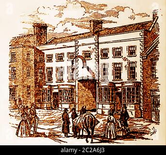 Un disegno storico vittoriano del Royal Hotel, Briggate, Leeds. Regno Unito (ex armi del nuovo Re) per distinguerla dal vicino più antico vicino, le armi del Vecchio Re. Nell'era del coaching iniziale era conosciuto come la locanda di armi del re nuovo e in 1765, l'anno in cui i pullman cominciarono a funzionare per la prima volta dalla casa, quando il nome del proprietario era Myers esso era denominato la locanda nuova. Vedova cowling e William Lodge gli succedette come licenziatari. La vacchetta della vedova ritornò e cambiò il nome in Cowling's Hotel and Tavern. Foto Stock