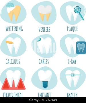 Vari problemi con i denti. Carie, tartaro, placca, malattia parodontale. Impianti dentali e impiallacciature. Illustrazione Vettoriale