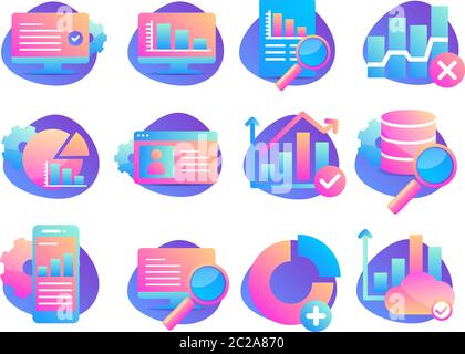Insieme di vettori di icone analisi dati. Informazioni statistiche. Concetto piatto Illustrazione Vettoriale