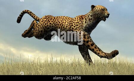 Rendering digitale 3D di una ghepardo che salta nella natura Foto Stock