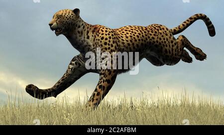 Rendering digitale 3D di una ghepardo che salta nella natura Foto Stock