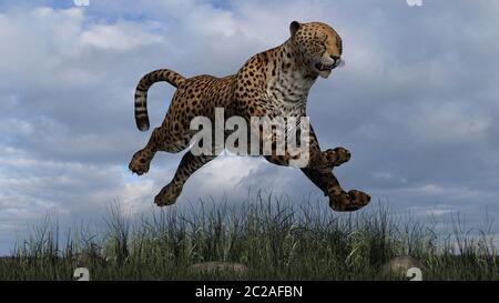 Rendering digitale 3D di una ghepardo che salta nella natura Foto Stock