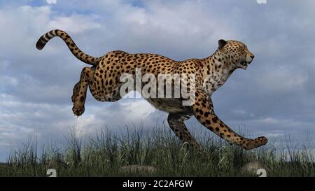 Rendering digitale 3D di una ghepardo che salta nella natura Foto Stock