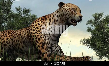 Rendering digitale 3D di una ghepardo che salta nella natura Foto Stock